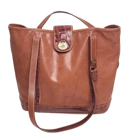 Vintage Brahmin Brown Tuscan Leather Croc Large Tote Shoulder Bag Purse - Picture 1 of 10